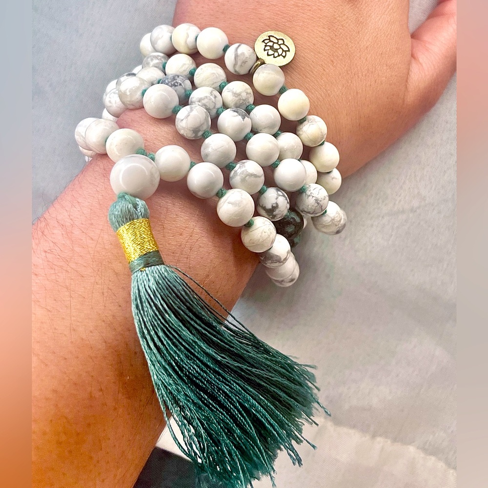 White Turquoise Mala Beads Necklace with Lotus Charm & Teal Tassel, extra long!
